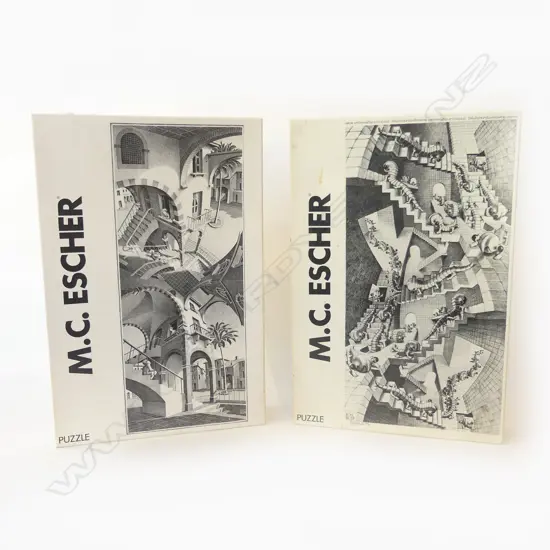 TWO VINTAGE M.C. ESCHER 1000PC PUZZLES MADE IN HOLLAND FOR SELEGIOCHI MILANO – OVER AND UNDER, & STAIR HOUSE L.39CM