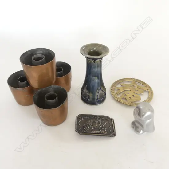 4 COPPER JELLY MOULDS / CANDLE HOLDERS 75mm dia, LAMBETH DOULTON VASE H 140mm, BELT BUCKLE ETC