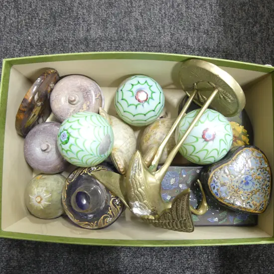 ASST. CONTAINERS, 3 ART GLASS PAPERWEIGHTS ETC