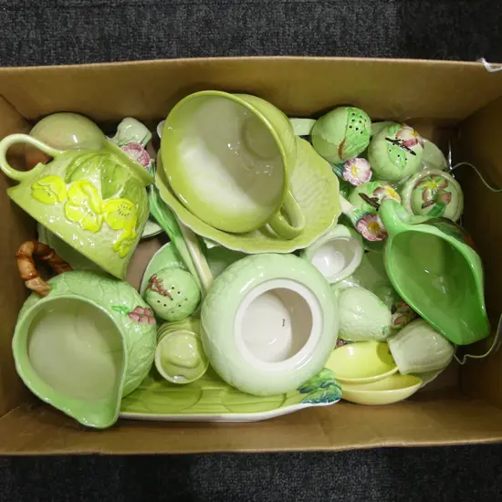 SMALL BOX GREEN LEAF PATS CARLTONWARE MIXED CHINA CONDERMENTS  DISHES JUG ETC