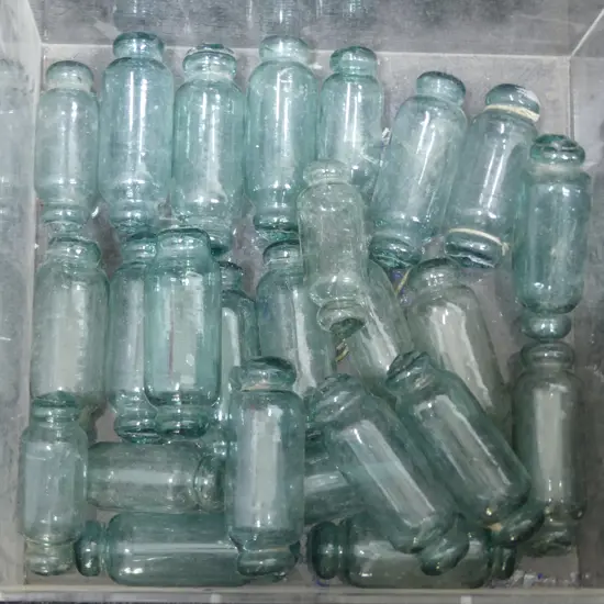 25 X FISHING FLOATS GLASS BOTTLES, VARIOUS SIZES L.125-150 mm (CONTAINER NOT INCLUDED)