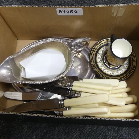 IVORINE HANDLED BUTTER KNIVES, EP GRAVY BOAT ETC