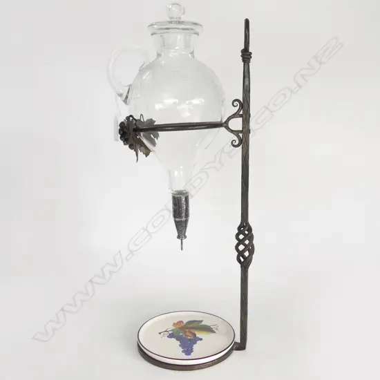 ANTIQUE STYLE WROUGHT IRON & ENGRAVED GLASS WINE DESPENSOR/AERATOR H.500mm