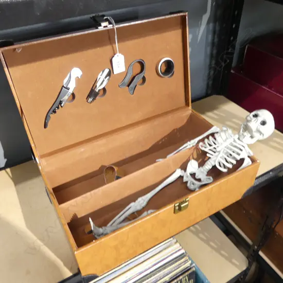 RED WINE BOX w ATTACHMENTS & PLASTIC HUMAN SKELLETON