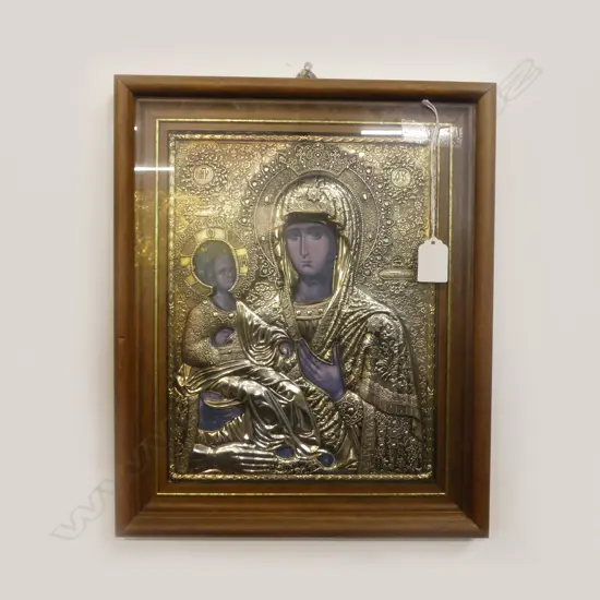 MODERN RUSSIAN ICON PRINT w. EMBOSSED METAL DECORATION 375x310mm overall size