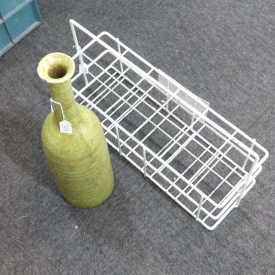 WHITE WIRE METAL 12 BOTTLE CARRIER W.565mm + TALL GREEN GLAZED BOTTLE VASE H.520mm