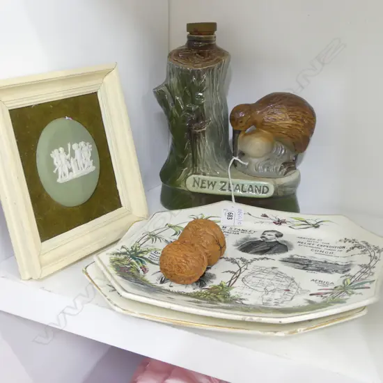 6 PCES; 2 CARVED WALNUTS, KIWI DECANTER, 2 OCTAGONAL PLATES 250mm dia, WEDGWOOD PLAQUE