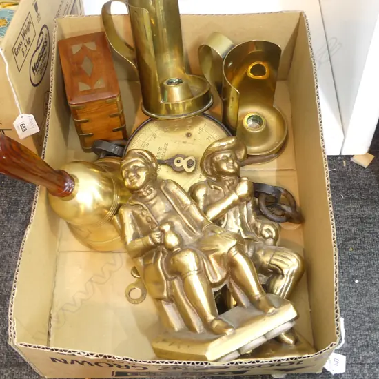 ASST. BRASS BITS; BELL, SALTER SPRING BALANCE, PR CHAMBERSTICKS, LIDDED CONTAINER, PR FIRE DOG FIGURES