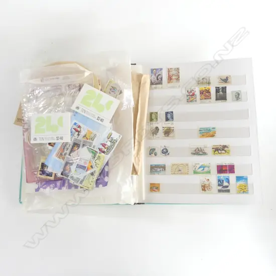NZ STAMP PACKS MINI SHEETS ETC + PACIFIC IS. + ALBUM NOT FULL some CHINESE & OTHER STAMPS 
