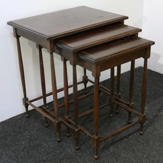 EDWARDIAN MAHOGANY NEST OF THREE TABLES, SATINWOOD & EBONY INLAY, SOME MARKS, W.490mm