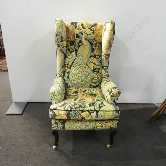 EDWARDIAN ARMCHAIR RE SPRUNG RE UPHOLSTERED IN WILLIAM & MORRIS FABRIC SOME FADING H1240MM