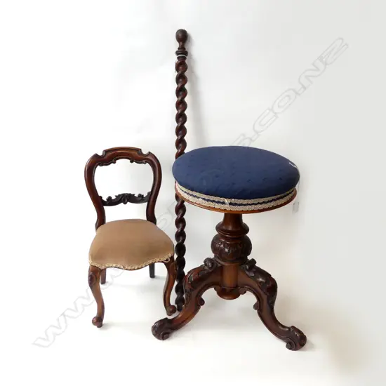 3 PCES; VICTORIAN PIANO STOOL - TRIPOD BASE H.500mm + VICTORIAN STYLE DOLLS CHAIR H.465mm BARLEY TWIST POLE L.870mm