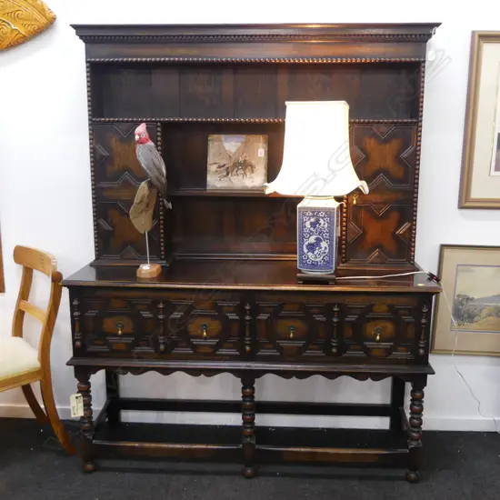 EARLY 20thC JACOBEAN STYLE OAK KITCHEN DRESSER 