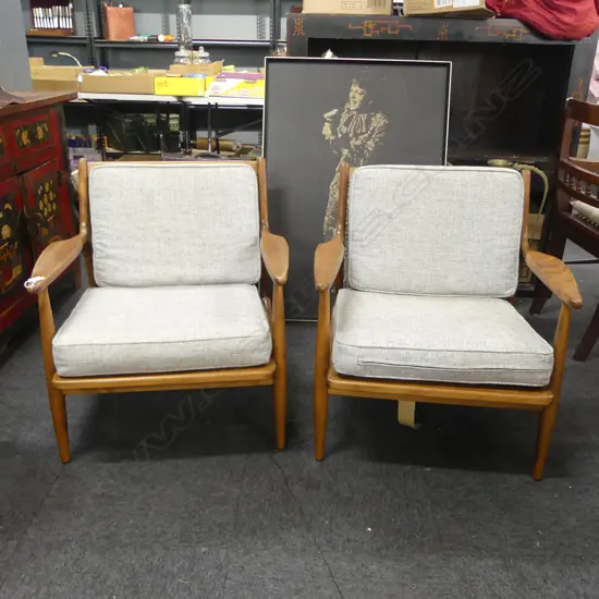 PR RETRO / MID CENTURY ARMCHAIRS; RUSSEL WRIGHT FOR CONANT BALL FURNITURE; GREY CUSHIONS