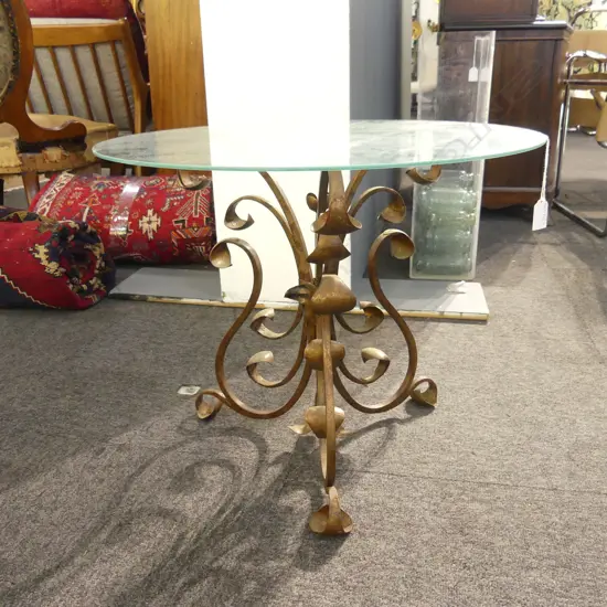 GILT METAL GLASS TOPPED SIDE TABLE H.440mm, 530mm dia