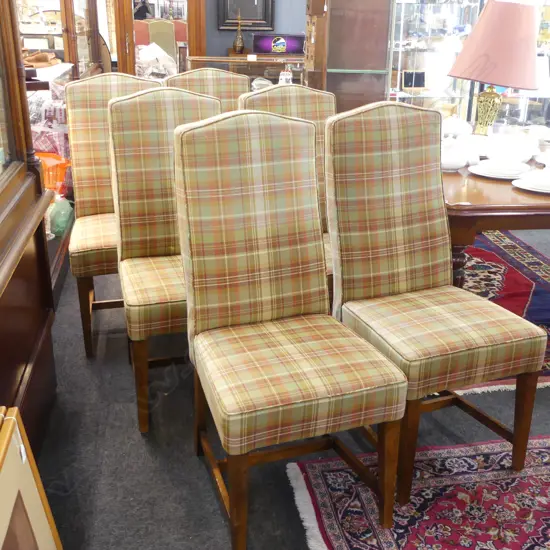 6 DINING CHAIRS; TARTAN UPHOLSTERY