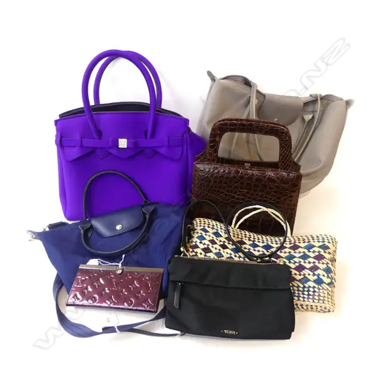 7 ASST. BAGS INCL. FAKE VUITTON WALLET W.190mm, CROC HANDBAG ETC