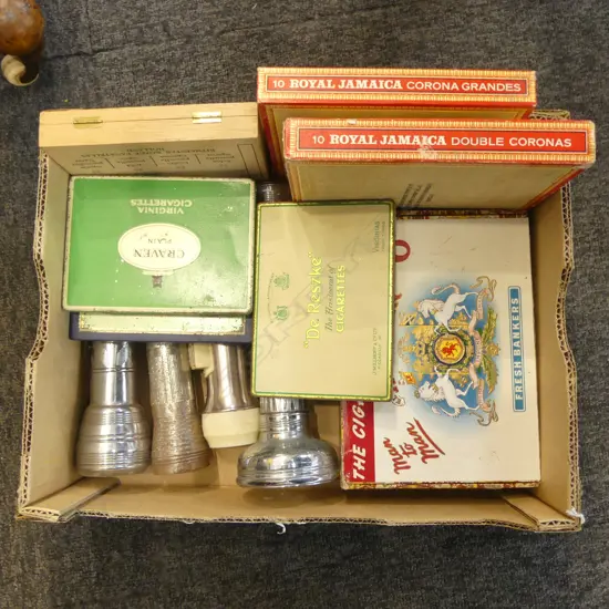 CIGAR BOXES + 4 VINTAGE TORCHES