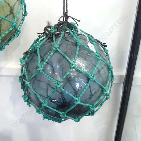 OLD GLASS FISHING FLOAT WITH NETTING hand blown APPROX. Dia.300mm