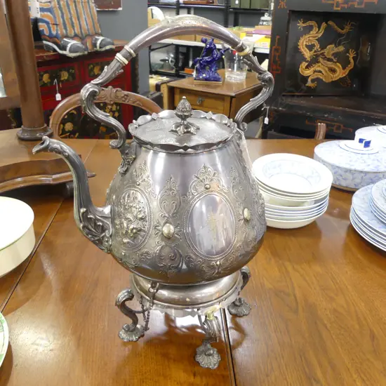 LG VICTORIAN SILVER PLATE SPIRIT KETTLE ON STAND H.410mm