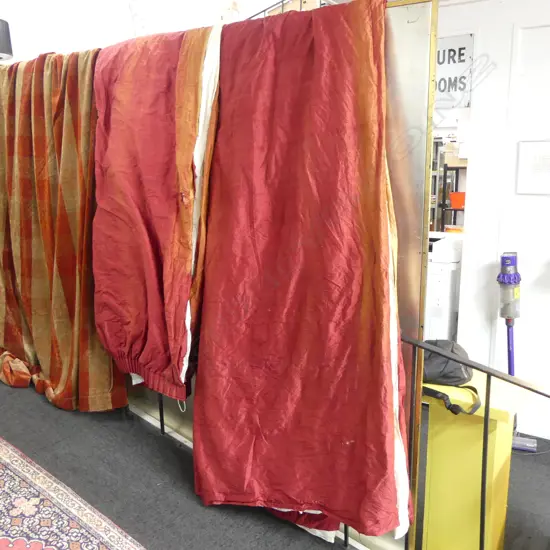 RED SILK CURTAINS some fading + one hole. Only the pr on the right in the photo