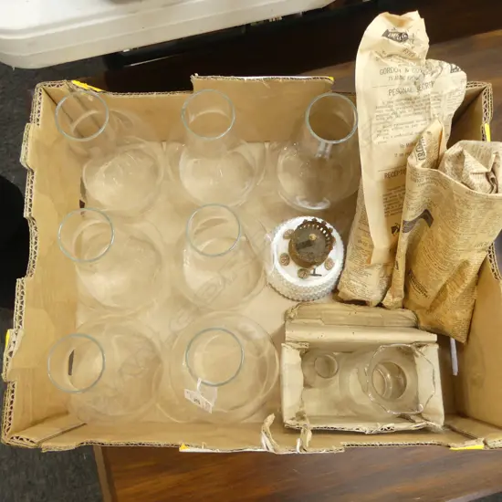 ELEVEN VINTAGE GLASS CHIMNEYS FOR KEROSENE LAMPS & ONE SMALL LAMP H.16CM,  21CM ETC