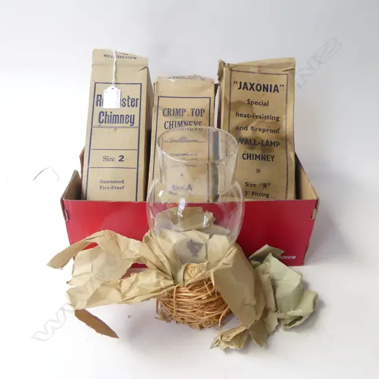 THREE VINTAGE GLASS CHIMNEYS FOR KEROSENE LAMPS UNUSED IN BOXES SIZE, 2, A, & B L. 25CM