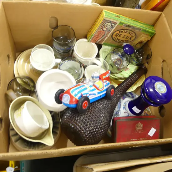 ASST. CERAMICS; CROWN LYNN, 2 DECANTERS, AIR LINE GLASSES, CIGARS ETC