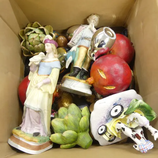 ASST. HAND PAINTED EGGS, FAKE ARTICHOKES & POMEGRANATES, PR ANTIQUE FIGURES ETC