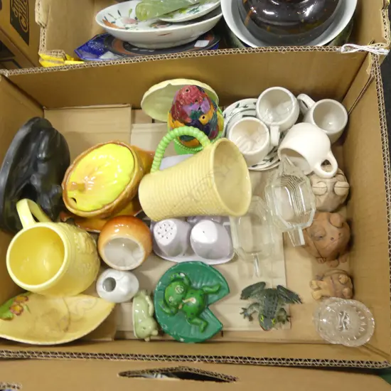 BOX LOT CHINA GLASS FROG COLLECTION ETC