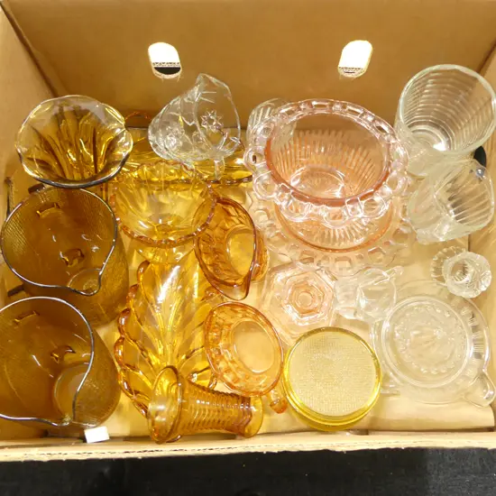 BOX LOT AMBER  PINK & CLEAR DEPPRESION GLASS