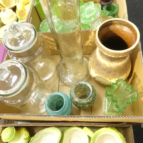 ASST. GLASS VASES; DECO, PR LIDDED JARS ETC