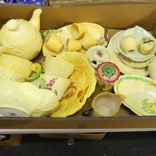 BOX LOT YELLOW LEAF PATS CARLTONWARE MIXED CHINA TEAPOT C/SS DISHES CONDERMENTS ETC