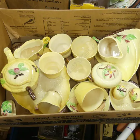 BOX LOT YELLOW LEAF PAT CARLTONWARE CHINA  TEAPOT C/SS DISHES ETC 