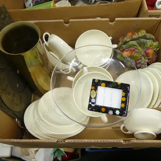 WEDGWOOD 'EDME' COUPES, BRASS SHELL & CLOCK FACE ETC