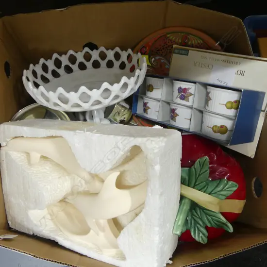 ASST. CHINA; 6 R. WORCESTER EVESHAM RAMEKINS (BOXED), WHITE GLASS COMPORT, DOLPHIN PLASTER SCULPTURE ETC