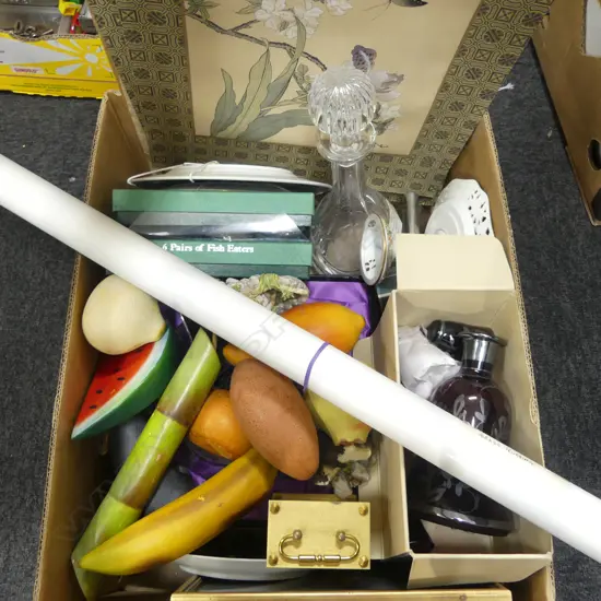 ASST. CHINA, FAKE FRUIT, DECANTER, ART: THAI RUBBINGS, CHINESE FLORAL WCs ON FABRIC ETC