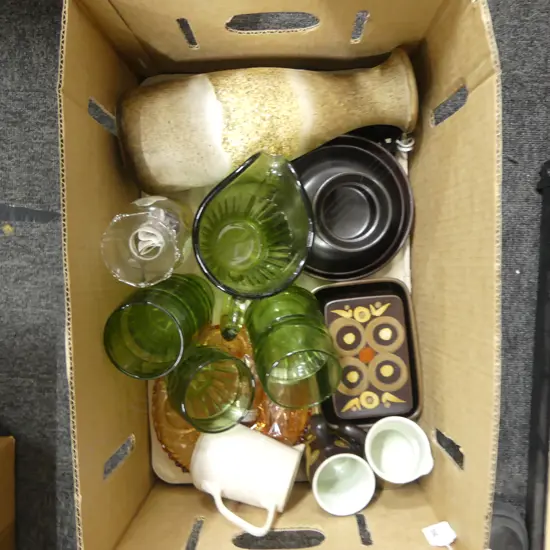 BOX LOT DENBY CHINA GERMAN VASE  GREEN DEPRESION GLASS WATER SET  & 2 SPEEDWAY MEDALS ETC