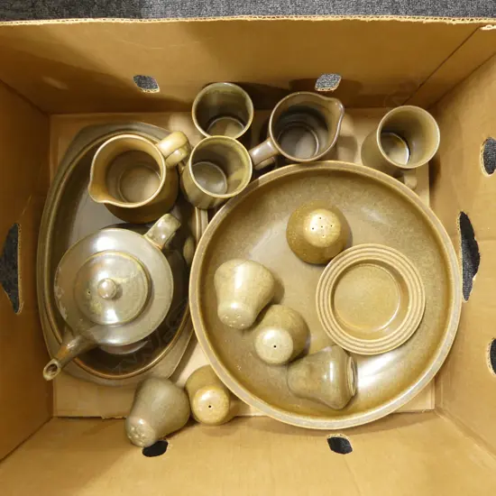 BOX LOT TEMUKA DISHES TEAPOT JUGS & CONDERMENTS