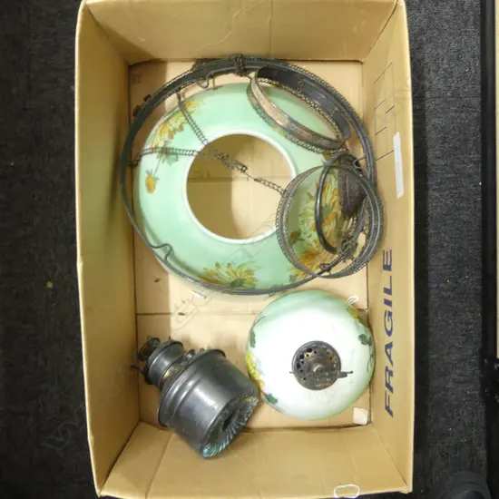 LG VICTORIAN HANGING KEROSINE LAMP WITH FITTINGS, GREEN GLASS SHADE, Dia 360mm