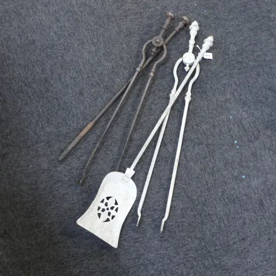 VINTAGE METAL FIRE TONGS (x2), POKER, SHOVEL L.770mm