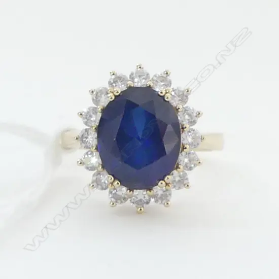 **RTV**14CT GOLD 'PRINCESS DIANA' RING - LAB CREATED SAPPHIRE AND LAB CREATED DIAMONDS