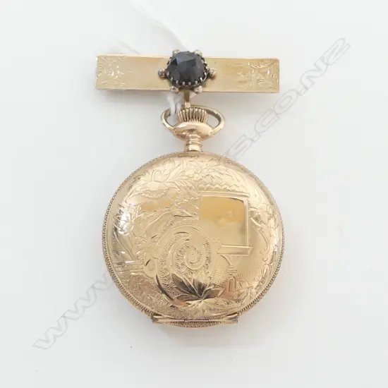 GOLD PLATED WALTHAM FULL HUNTER POCKET WATCH WITH 9CT GOLD & GARNET BROOCH (going)