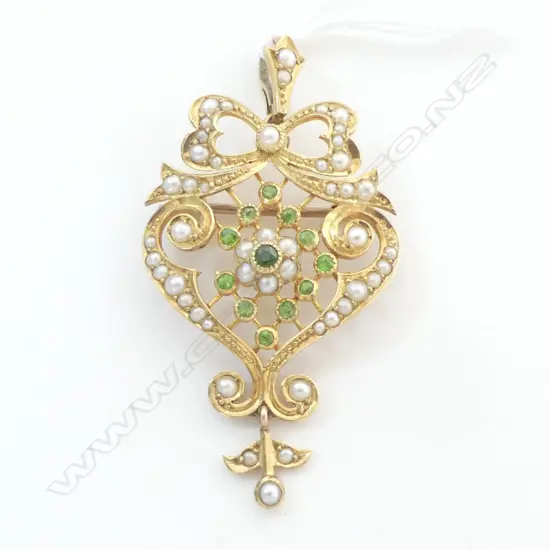 EDWARDIAN 15CT GOLD PENDANT SEED PEARL & GREENSTONE HIGHLIGHTS minor faults 7.61gms