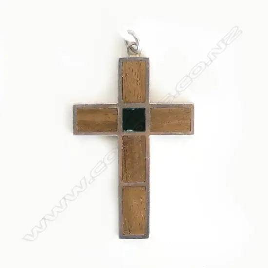 RUSSELL MURPHY NZ SILVER & LIGNUM VITAE & MALACHITE CROSS PENDANT