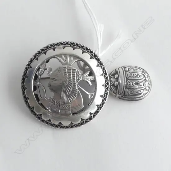 HEAVY SILVER EGYPTIAN CLEOPATRA PORTRAIT BROOCH/PENDANT + OTHER PENDANT