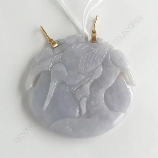 CHINESE LAVENDER JADE CARVED PENDANT W 18ct GOLD DBLE HANGERS Dia.55mm.