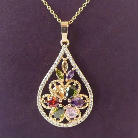 SPARKLY MULTI COLOURED TEAR DROP  PENDANT & CHAIN