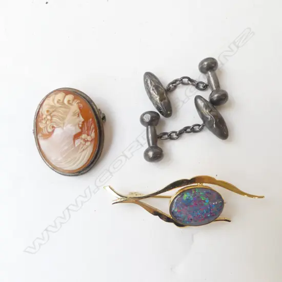 GP OPAL DOUBLET BROOCH, CAMEO, PR STG CUFFLINKS