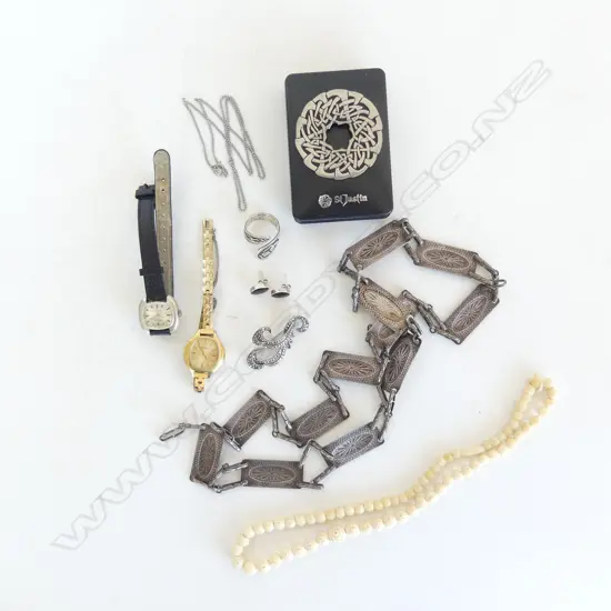 BAG JEWELLERY SILVER ETC: 2 LADIES WATCHES + BELT ETC